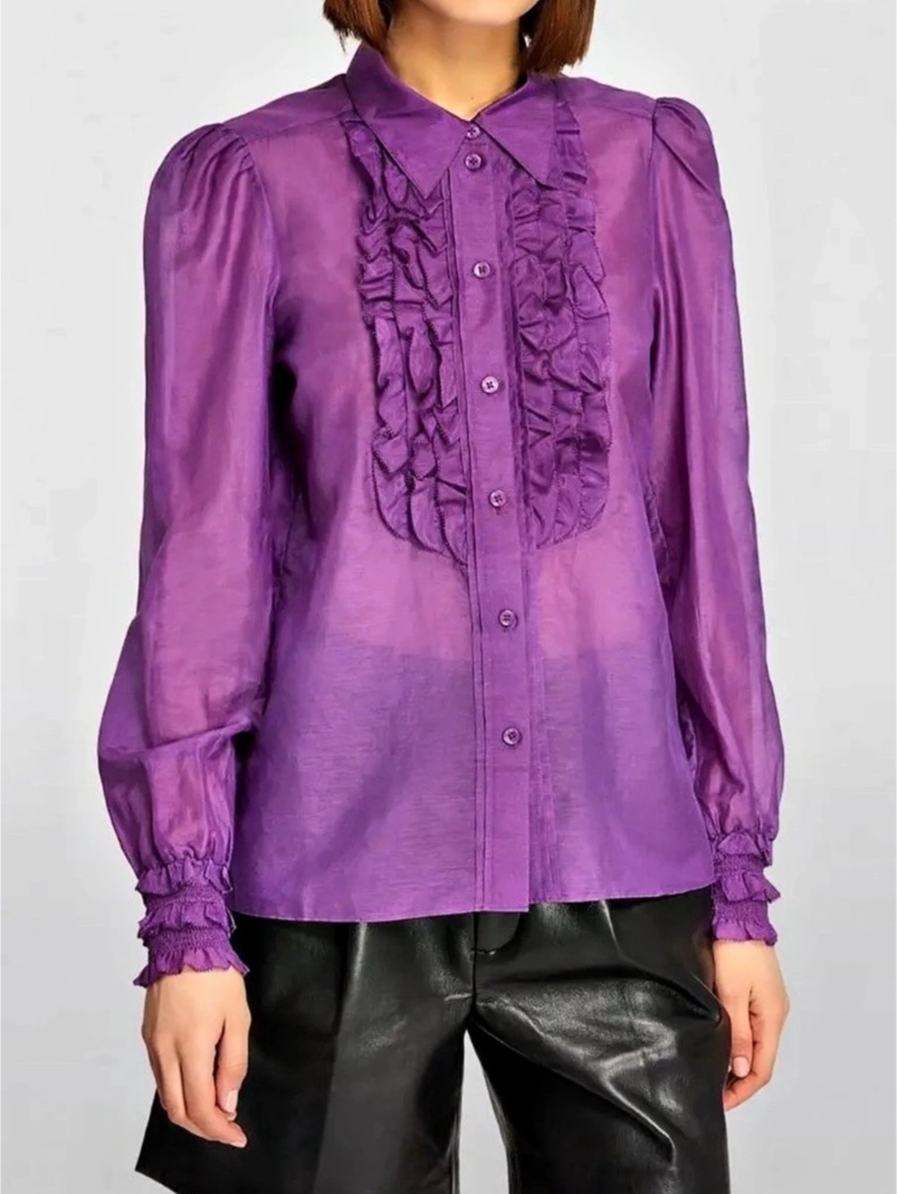 ME+EM Silk Cotton Purple Frill Detail Blouse